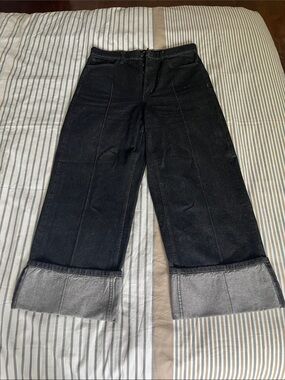 Banana Republic Black Wide-Leg Cropped Jeans with Rolled Gray Cuffs